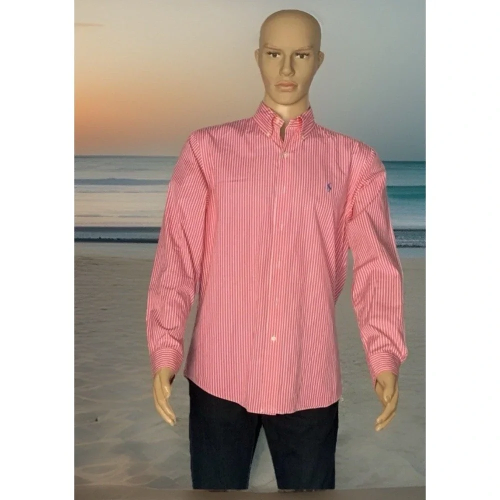 Ralph Lauren Shirt Boys Button Down XL (18-20) Pink White Striped Blue Pony Logo